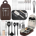 Wesqunie Camping Cookware Cooking Utensils Set - 30Pcs Camp Kitchen Essentials Set, Portable Outdoor Camper Gear Accessories, Stainless Steel & Silicone, Overland Equipment for RV Picnic Grill | Portable Camping Essentials, Stainless Steel Cookware Kit...