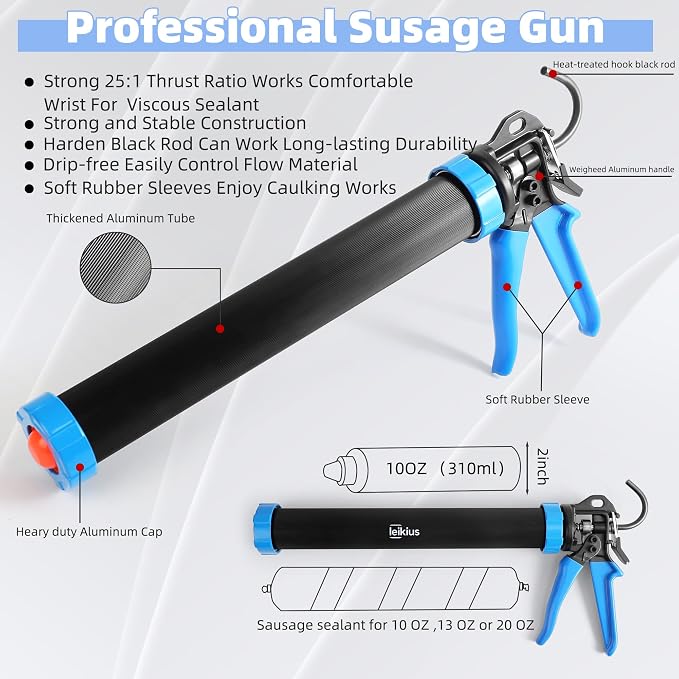 PRO Sausage Caulk Gun Kit Heavy Duty Silicone Sausage Gun Thrust Ratio 25:1 No-drip Rotating 600ml/20 oz Aluminum Tube Barrel and Caulking Tools,Sealant Grout Scraper For Kitchen Bathroom Sink Joint