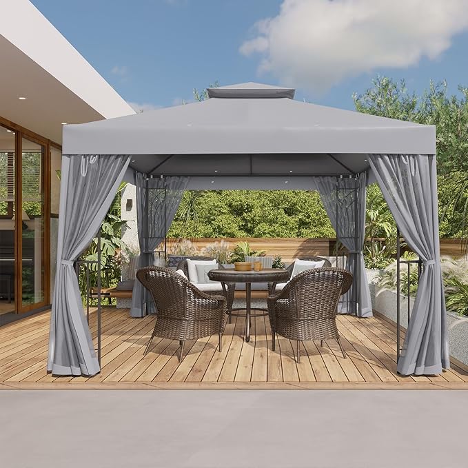 COOS BAY 10x10 Outdoor Patio Gazebo with Netting and Corner Shelves, Two-Tier Soft Top Canopy for Backyard, Lawn, Deck and Garden, Gray