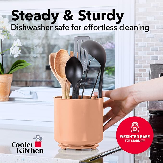 Cooler Kitchen Jumbo Rotating XL Peach Plastic Utensil Holder Caddy with Sturdy No-Tip Weighted Base, Removable Divider, and Gripped Insert - Dishwasher Safe Kitchen Utensil Holder for Countertop