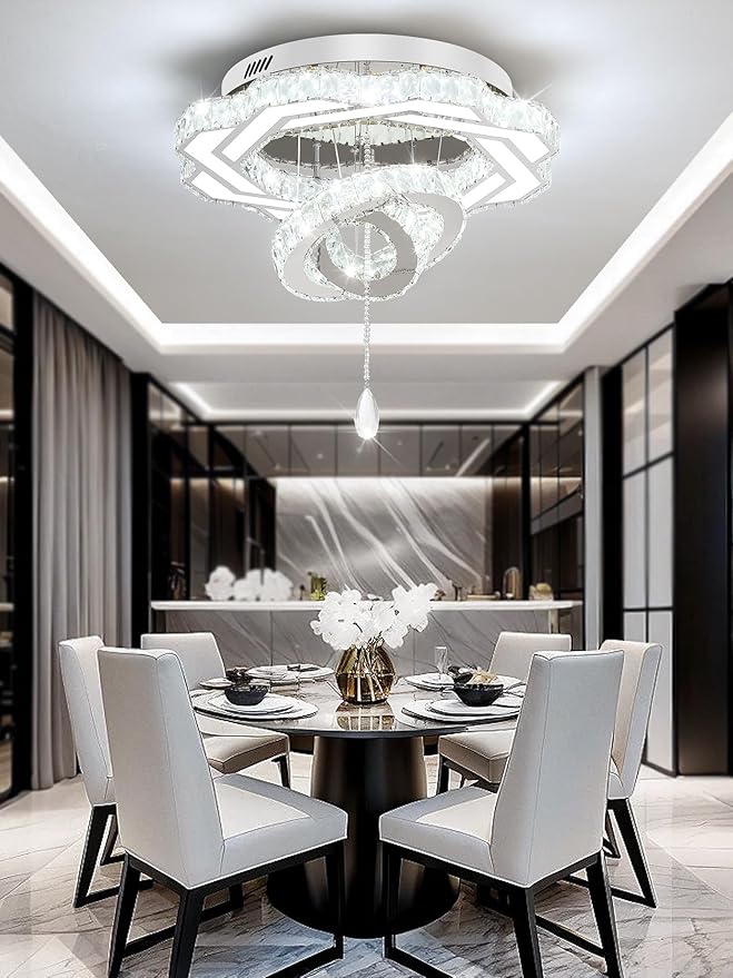 Flashing God Modern Crystal Chandeliers Dia 24" Silver Chandelier Flush Mount Ceiling Light for Bedroom Living Room Dining Room Hallway Dimmable 3 Rings LED Celing Lighting Fixtures