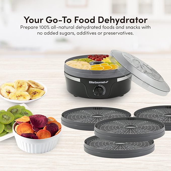 Elite Gourmet EFD319BNG Food Dehydrator, 5 BPA-Free 11.4" Trays, Black/Grey | Adjustable temperature controls - makes jerky, herbs, fruit & veggies into dried snacks - also great for mushrooms
