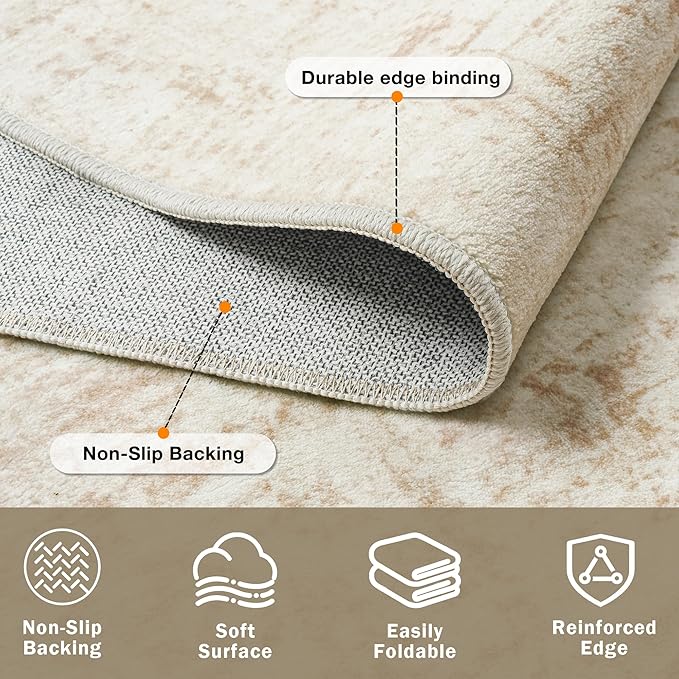 10x12 Area Rug for Living Room Bedroom: Non-Slip Modern Beige White | Machine Washable TPR Backing, Stain-Resistant Low Pile, Pet & Kid Friendly, Abstract Decor for Dining Room, Dorm, Home Office