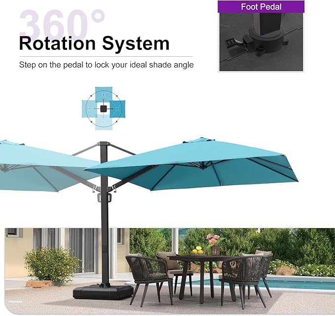 PURPLE LEAF 10 FT Square Patio Umbrella with Base Large Outdoor Aluminum Offset Cantilever Umbrella with 360-degree Rotation for Garden Deck Backyard Pool Turquiose