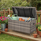 AVAWING 240 Gallon Wicker Deck Box, Outdoor Storage Box with Portable Wheels and Handles, Patio Rattan Container for Garden, Balcony, Yard (Grey)