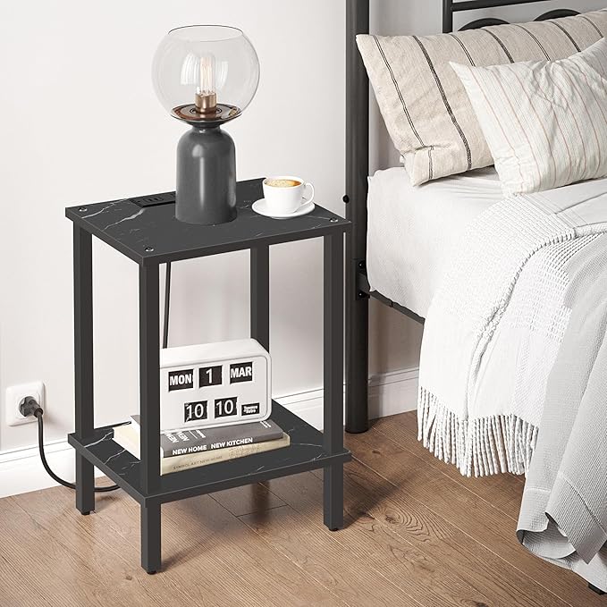 TUTOTAK End Table with Charging Station, Small Side Table, Nightstand Bedside Table, 2-Tier Storage Shelf for Small Space, Living Room, Bedroom, Marble Black TB01BMK040
