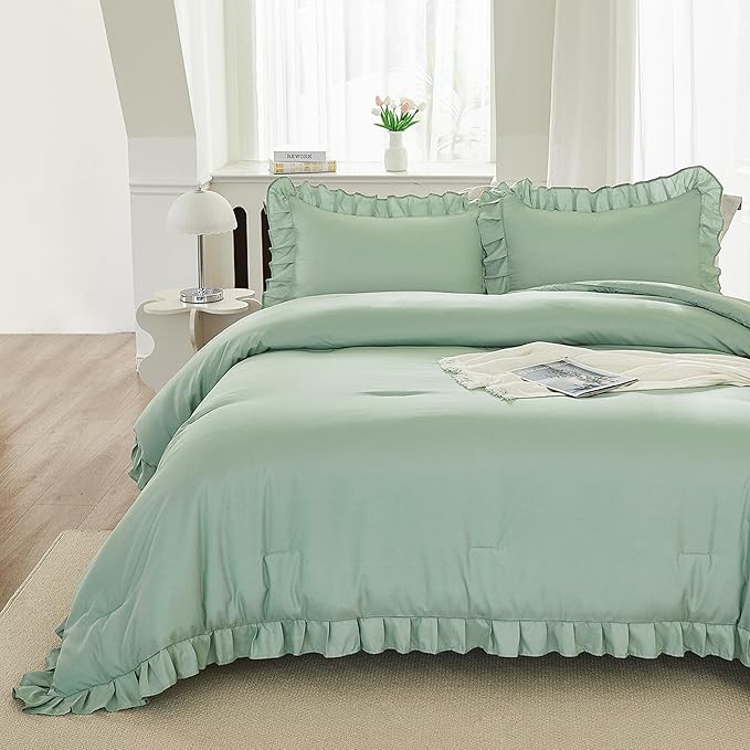 Andency Sage Green Comforter Set King, 3 Pieces Vintage Farmhouse Shabby Chic Ruffle Comforter, Lightweight Soft All Season Microfiber Down Alternative Bedding Comforter Set (104x90Inch, Green)