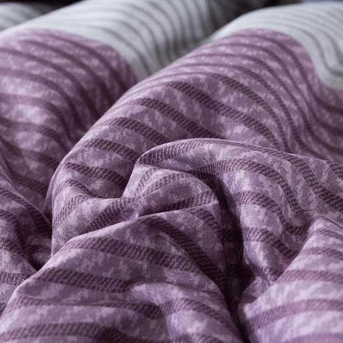 Andency Stripe Comforter Set Queen Size (90x90 Inch), 3 Pieces Purple and Gray Patchwork Striped Comforter, Soft Microfiber Down Alternative Comforter Bedding Set with Corner Loops