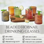 Shades of Summer Set of 6 Luxury Hobnail Drinking Glasses - 11oz Jewel-Toned Vintage Beaded Highball Tumblers - Textured Bubble Glassware Drinks Cocktails & Wine Elegant Boho Home Bar & Dining Décor