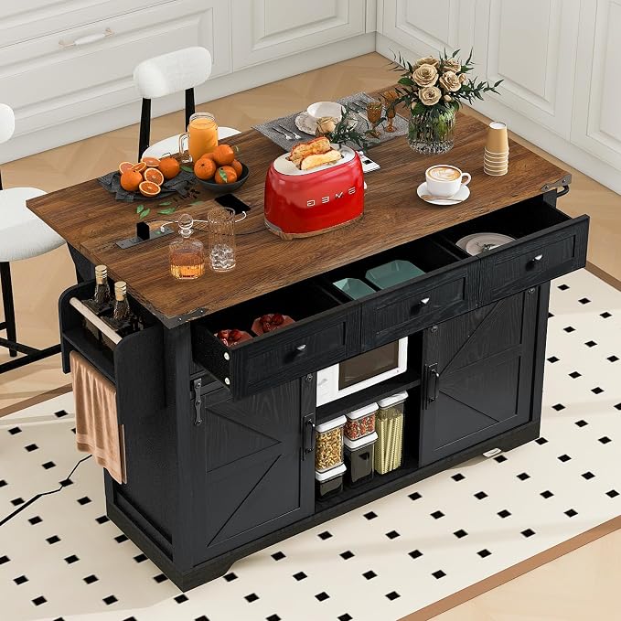 Farmhouse Kitchen Island on Wheels with Drop Leaf & Power Outlet, 53.7-Inch Rolling Storage Island Cart Breakfast Bar with Drawers, Sliding Barn Door Cabinets, Spice Rack (Black)