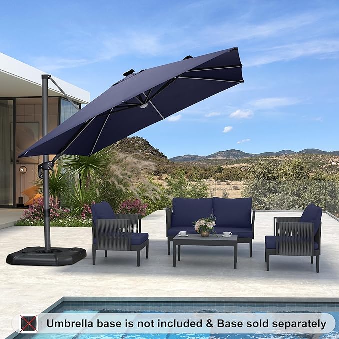 PURPLE LEAF 10 Feet Patio Umbrella Solar Powered LED Square Outdoor Cantilever Umbrella with LED Lights Aluminum Offset Umbrella with 360-degree Rotation for Garden Deck Pool Patio Navy Blue