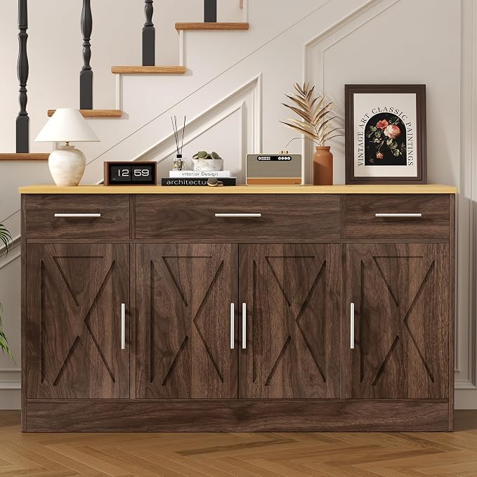 Vongrasig 53' Large Sideboard Cabinet with 4 Doors and 3 Drawers, Farmhouse Buffet Table Coffee Bar Kitchen Storage Cabinet, Wood Cabinet for Kitchen, Dining Room, Rustic Brown