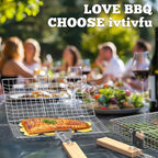 Fish Grill Basket Set, Removable Wooden Handle, Nesting BBQ Tools | 304 Stainless Steel, Smoker Grilling Accessories for Vegetable, Outdoor Cooking Camping, Birthday Gifts for Men Dad Husband