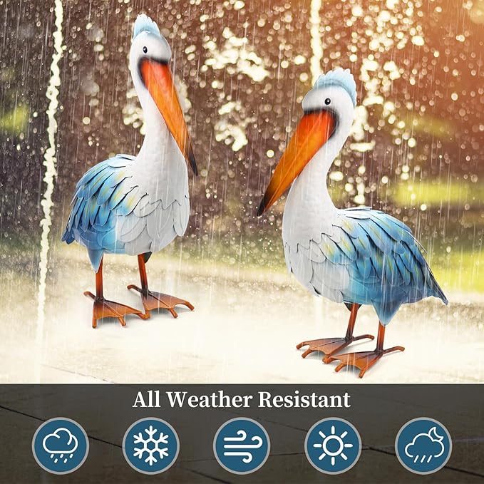 Pelican Statues Metal Garden Decor Coastal Blue Heron Yard Art Sculpture Ornament for Backyard Porch Patio Pond Decor