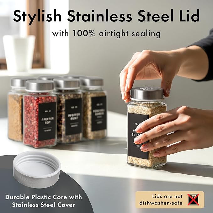 Glass Spice Jars with Labels and Steel Lids (24 x 4oz) Spice Containers with 240 Label, Steel Funnel, Shaker Inserts, Empty Square Seasoning Organizer for Spice Rack, Cabinet, Drawer