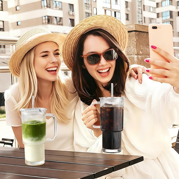 Iced Coffee Cups with Lids 2Pcs: Ribbed Glass Tumbler with Straw and Lid 24oz - Coffee Bar Accessories - Glass Cups and Tumblers with Lids and Straws - Tumbler Leak Proof - Coffee Tumbler with Handle