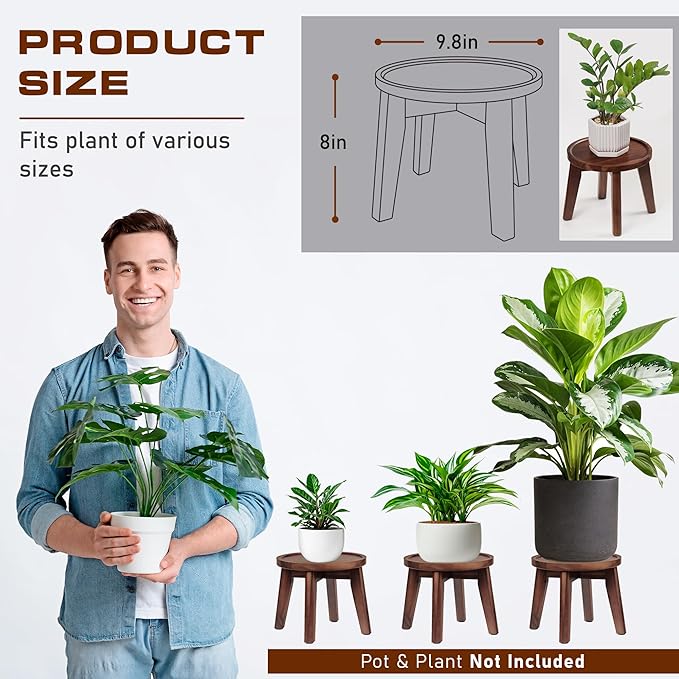 Demigo Indoor Plant Stand, Acacia Wooden Decorative Plant Shelf with Spill-Proof Tray, Stable 8” Tall Flower Holder for Heavy Pots, Gardening Display for Decor Living Room Patio - Dark Brown