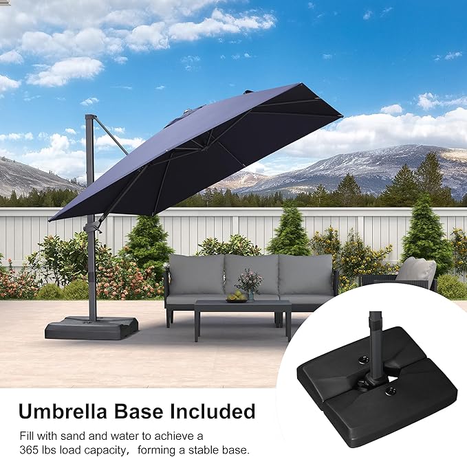 PURPLE LEAF 10' × 10' Patio Cantilever Umbrella with Base Outdoor Square Adjustable Offset Umbrellas with 360-degree Rotation and 8 Heavy Duty Metal Ribs for Garden Deck Pool Navy Blue
