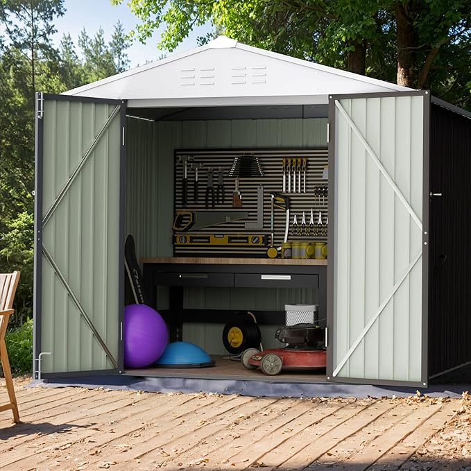 GUNJI 8 x 6 FT Shed Outdoor Storage Shed Metal Garden Shed with Lockable Door Outside Waterproof Tool Shed for Backyard, Patio, Lawn (Gray)