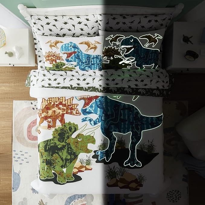 KALEIDOSPACE Gilrs Boys Bedding Sets Twin, 5 Piece Glow in The Dark Dinosaur Bed in A Bag-1 Comforter,1 Pillow Sham, 1 Pillowcase, 1 Flat Sheet, 1 Fitted Sheet