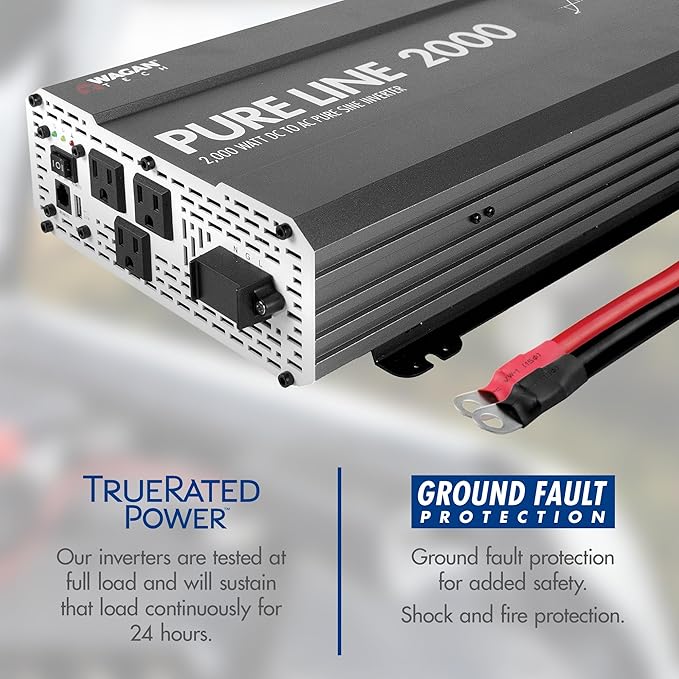Wagan EL3808 Pure Line Power Inverter 2000 Watt DC 12V to 110V AC Car Pure Sine Wave Power Inverter for Home RV Camping Van Life Off Grid ETL Certified