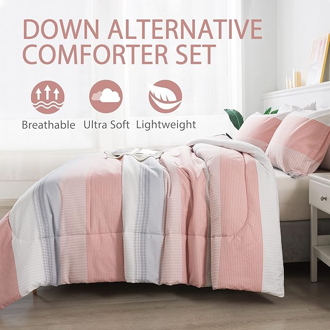 Andency Stripe Comforter Set King Size (104x90 Inch), 3 Pieces Pink Patchwork Striped Comforter, Soft Microfiber Down Alternative Comforter Bedding Set with Corner Loops