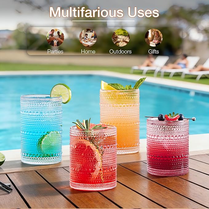 Hobnail Drinking Glass Set of 8, 4 Highball Glasses 15oz,4 Rocks Glass 12oz | Mixed Drink Cocktail Glass, Vintage Embossed Glassware Sets for Whiskey,mocktails, Water & Juice Drinkware