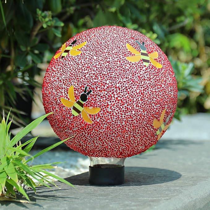 Gazing Ball 8 Inch Bee Glass Mosaic Garden Globe Outdoor Gazing Globe Yard Ornament for Garden Yard Home Lawn Outdoor Decoration Gift for Women (Not Solar Powered)