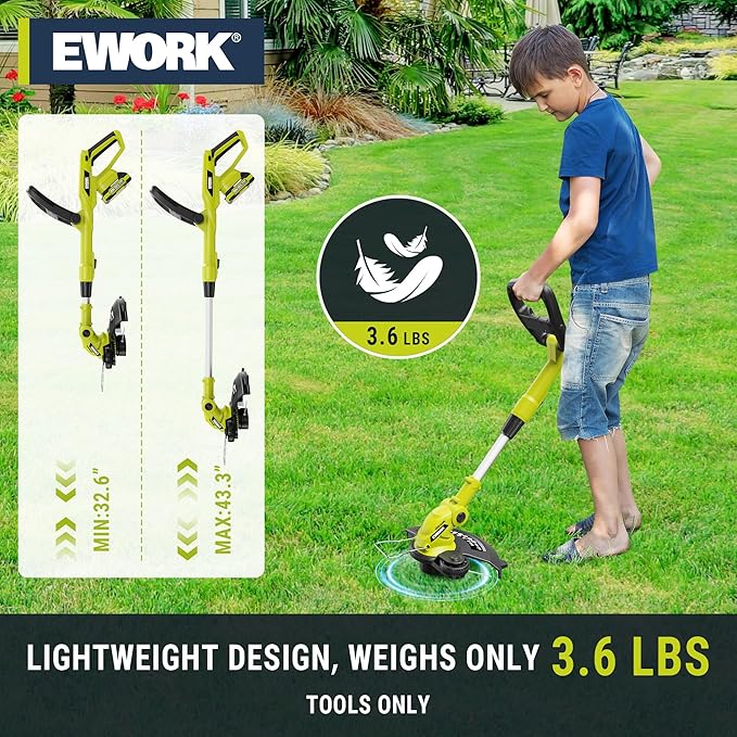 EWORK 20V Electric Weed Wacker 12-Inch Trimmer and Edger with Auto Line Feed, Cordless String Trimmer with 2.0Ah Battery and Charger & 6 Replacement Spools for Lawn, Garden, Yard, etc