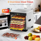 8-Tray Food Dehydrator, 400W, Stainless Steel, 195°F & 24H Time Control | Visible Window Built-in Lighting Stainless Steel