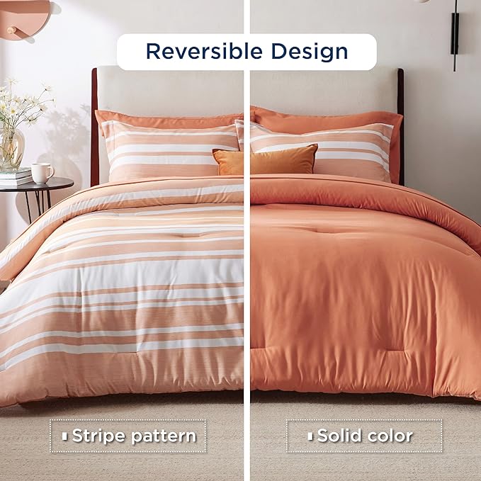 Bedsure Bed in a Bag California King Size 7 Pieces, Burnt Orange White Striped Bedding Comforter Sets All Season Bed Set, 2 Pillow Shams, Flat Sheet, Fitted Sheet and 2 Pillowcases