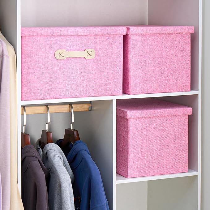 Enzk&Unity Decorative Storage Bins with Lids, Fabric Linen Foldable Storage Box with Handle Home Organizer for Shelf, Closet, Bedroom, Living Room, Office, 3 Packs, Pink