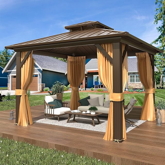 EROMMY 10' x 10' Hardtop Gazebo, Aluminum Frame Gazebos with Galvanized Steel Double Roof, Permanent Outdoor Metal Pavilion with Curtain and Netting for Patio, Lawn, Deck