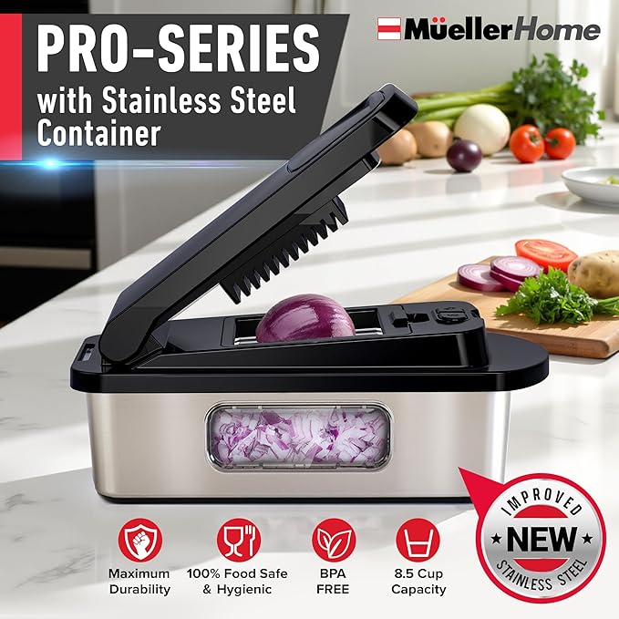 MUELLER HOME Pro-Series 10-in-1 Stainless Steel Multi Vegetable Chopper | 8 Blade Mandoline Slicer, Kitchen Tools and Gadgets, Food and Veggie Chopper, Mincer, Dicer, French Fry Cutter, Black