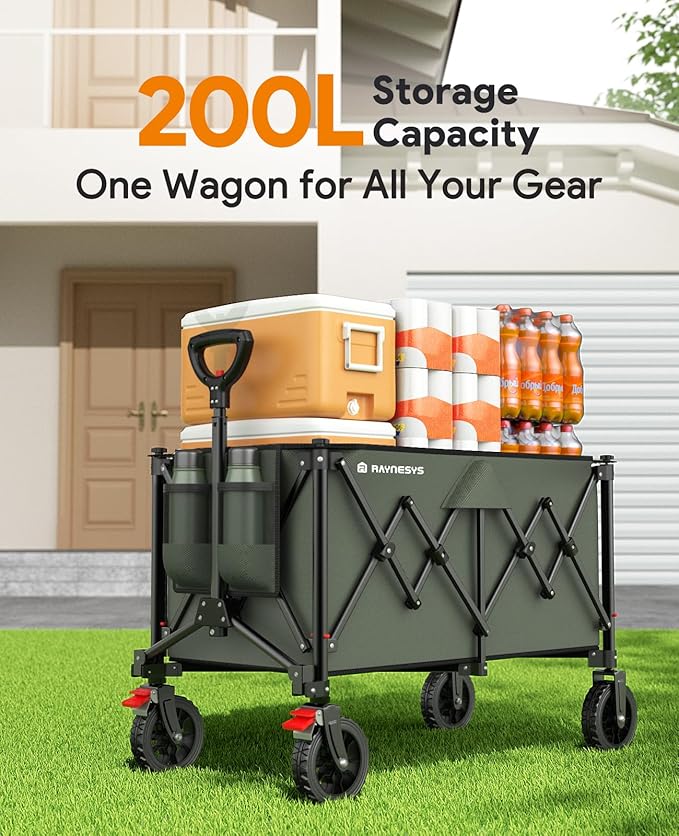 Collapsible Foldable Wagons, 440lbs Weight Capacity Beach Wagon with All-terrain Wheels, Heavy Duty Foldable Wagon, Utility Wagons Carts with Brakes for Camping, Sports, Shopping, Beach, Green & Brown