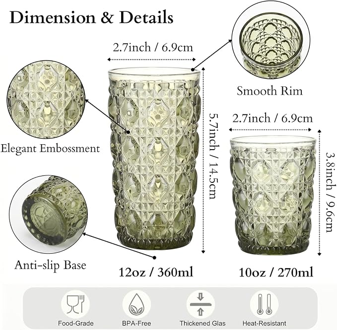 Green Drinking Glasses Set of 12, 12 Oz Highball & 10 Oz Cocktail Glasses, Green Kitchen Vintage Glassware Set, Floral Embossed Glass Tumbler Cups for Beer, Juice, Whiskey, Coffee(Gem)