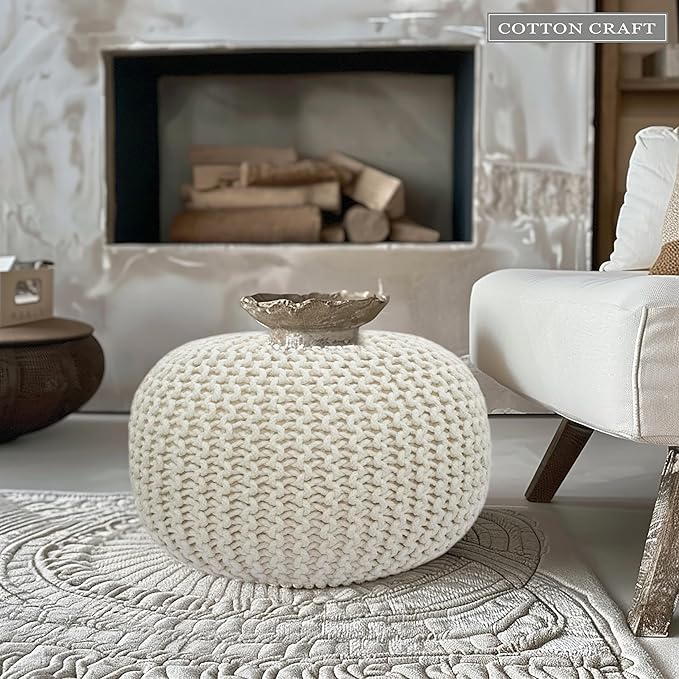 COTTON CRAFT Round Dori Pouf - Cotton Braid Cord Cable Knitted Ottoman - Foot Stool Footrest Floor Pouf Accent Furniture Bean Bag - Living Room Dorm Décor - 20.5 Dia x 13.5 High - Round Ivory Cream