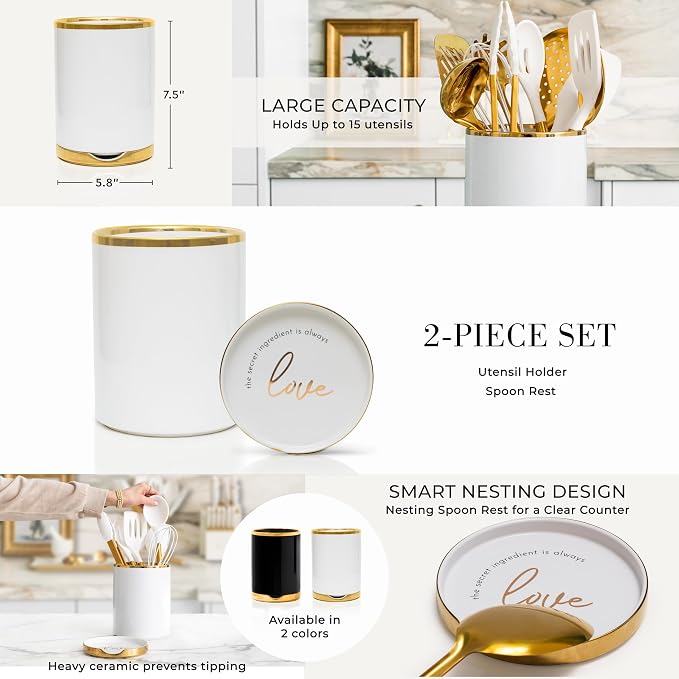 STYLED SETTINGS White and Gold Cooking Utensils Set, 13-Piece | Kitchen Set with White Ceramic Utensil Holder and Stackable Gold Spoon Rest - Luxury Kitchen Accessories for Stylish Cooking