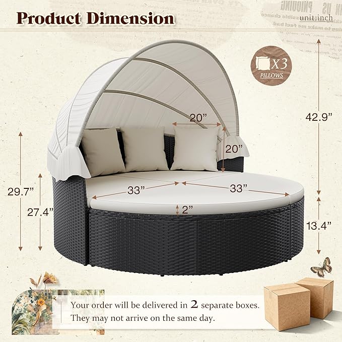 Devoko Patio Furniture Outdoor Round Daybed with Retractable Canopy Wicker Rattan Separated Seating Sectional Sofa for Patio Lawn Garden Backyard Porch
