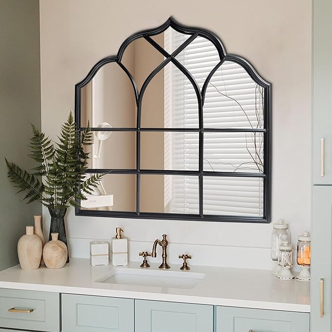 Window Mirror Pane, Black Metal Frame, Cathedral Arched Wall Mirrors Decorative Over Fireplace Mantel, Farmhouse Decorations for Dining Living Room Hallway Entryway