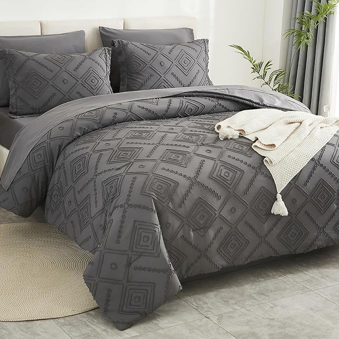 EMME Queen Comforter Set - 7 Pcs Dark Grey Boho Bedding Sets, Full Size Tufted Comforter with Sheets, Shabby Chic Embroidery Queen Bed Set Fluffy Bed Bag for All Season(90"X90")