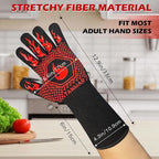 BBQ Grill Gloves, 1472°F Extreme Heat Resistant Grilling Gloves Non-Slip Oven Mitts Potholder, Perfect for Barbecue, Cooking, Baking, Fireplace, Smoker - 2 Pair (Red and Black)