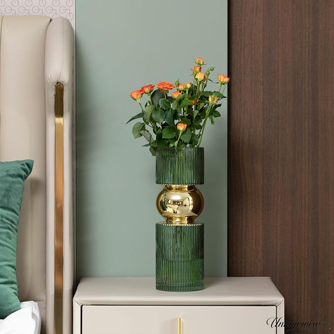14-Inch Decorative Green Tall Glass Vase - Modern Minimalist Decor for Parties, and Special Events - Perfect Centerpiece for Coffee Tables, Living Rooms, Dining Tables, Offices, and Farmhouse Decor