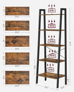 VASAGLE Ladder Shelf, 5-Tier Bookshelf, Storage Rack, Bookcase with Steel Frame, Wood Look Accent Furniture with Metal Frame, 22.1 x 13.3 x 67.7 Inches, Rustic Brown ULLS45X