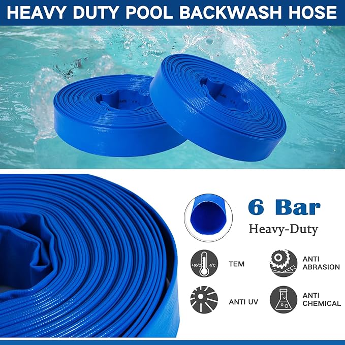 Eastrans 2 in x 50 ft Pool Backwash Hose Kit with Female NPT Adapter,Heavy Duty Discharge Pump Hose for Swimming Pool,Reinforced Pool Drain Hose with 2 Clamps and Thread Seal Tape,6 Bar
