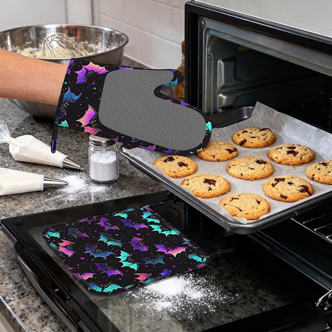 Magic Bat Heat-Resistant Silicone Oven Mitts and Pot Holders,Long Oven Gloves with Non-Slip Grip for Cooking, Baking, Grilling,BBQ