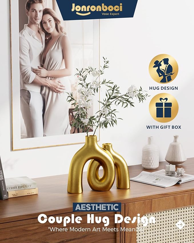 Hug Donut Decorative Vase Set - Golden Modern Classic Transitional Style Vases Home Decor, Matte Ceramic Decorations for Living Room Shelf, Bookshelf Mantle Entryway Table or Console Décor (Gold)