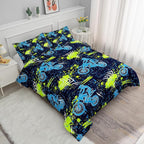 Axolotl Boys Dirt Bike Bedding Set Queen,Dirt Bike Comforter Set,Extreme Sports Tie Dye Bedding Set Motor Biker,Motocross Rider Comforter Set for Boys Kids Teens Men,1 Quilt 2 Pillowcases,Blue Green