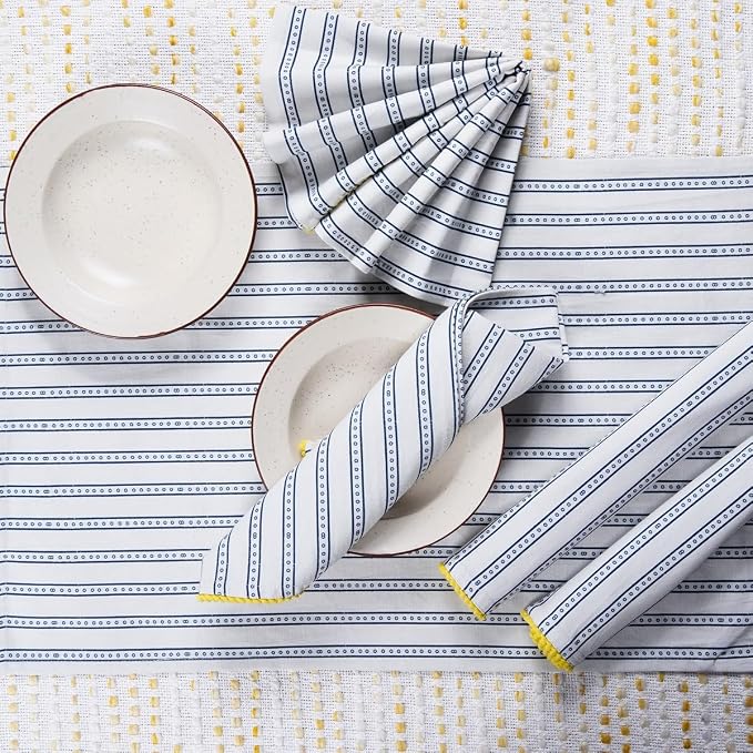 Printed Kitchen Dish Bar and Tea Towels Cotton, 18x28 inch with Trims, Cotton Dish Towel Sets (Blue Stripes, Set of 6)