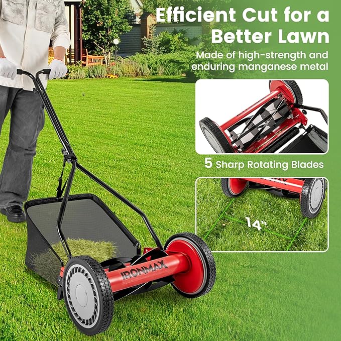 Goplus Manual Lawn Mower, 14 Inch 5-Blade Walk-Behind Cordless Grass Cutter with 7 Gallon Removable Grass Collect Bag, Adjustable Cutting Heights, Push Reel Lawn Mower for Yard, Garden